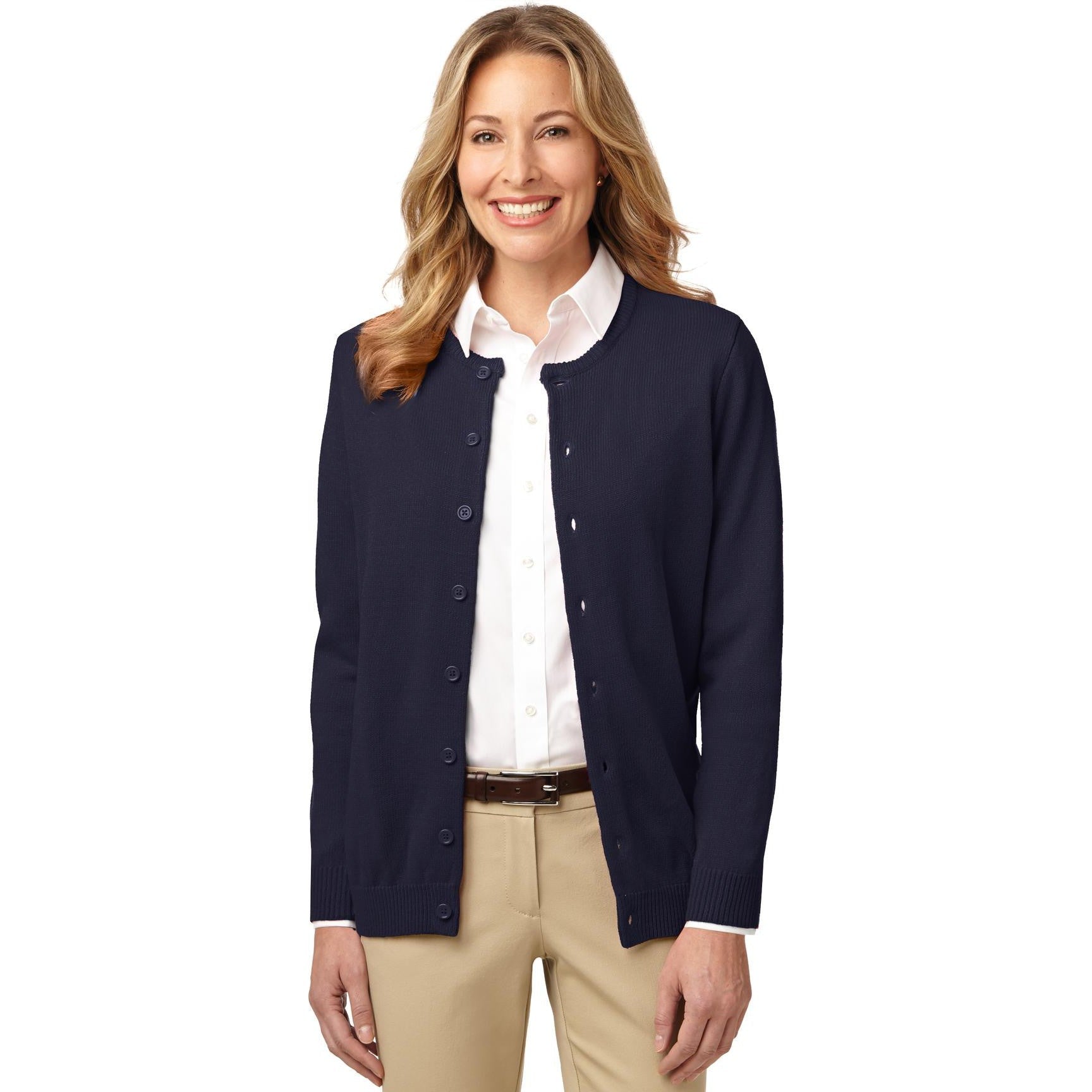 no-logo CLOSEOUT - Port Authority Ladies Value Jewel-Neck Cardigan Sweater-Port Authority-Navy-S-Thread Logic