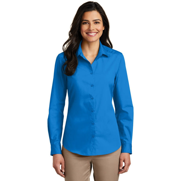 no-logo CLOSEOUT - Port Authority Ladies Long Sleeve Carefree Poplin Shirt-Port Authority-Coastal Blue-S-Thread Logic