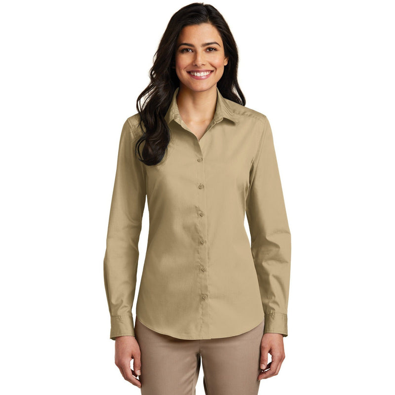 no-logo CLOSEOUT - Port Authority Ladies Long Sleeve Carefree Poplin Shirt-Port Authority-Wheat-XL-Thread Logic