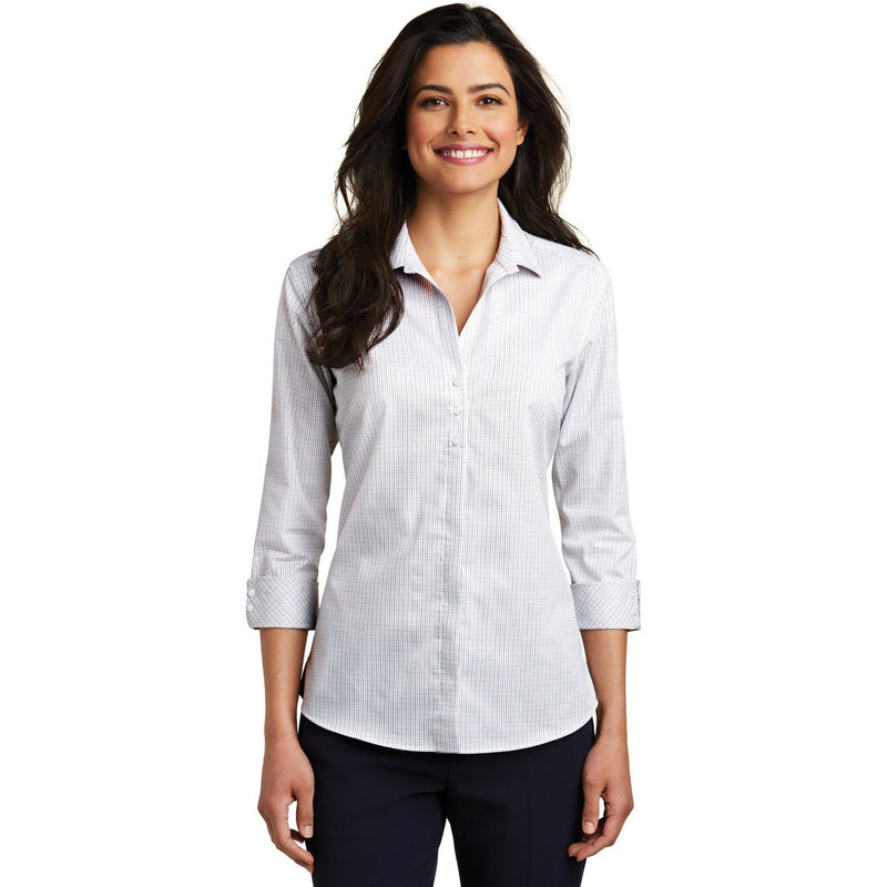 no-logo CLOSEOUT - Port Authority Ladies 3/4-Sleeve Micro Tattersall Easy Care Shirt-Port Authority-White/Dark Grey-XXL-Thread Logic