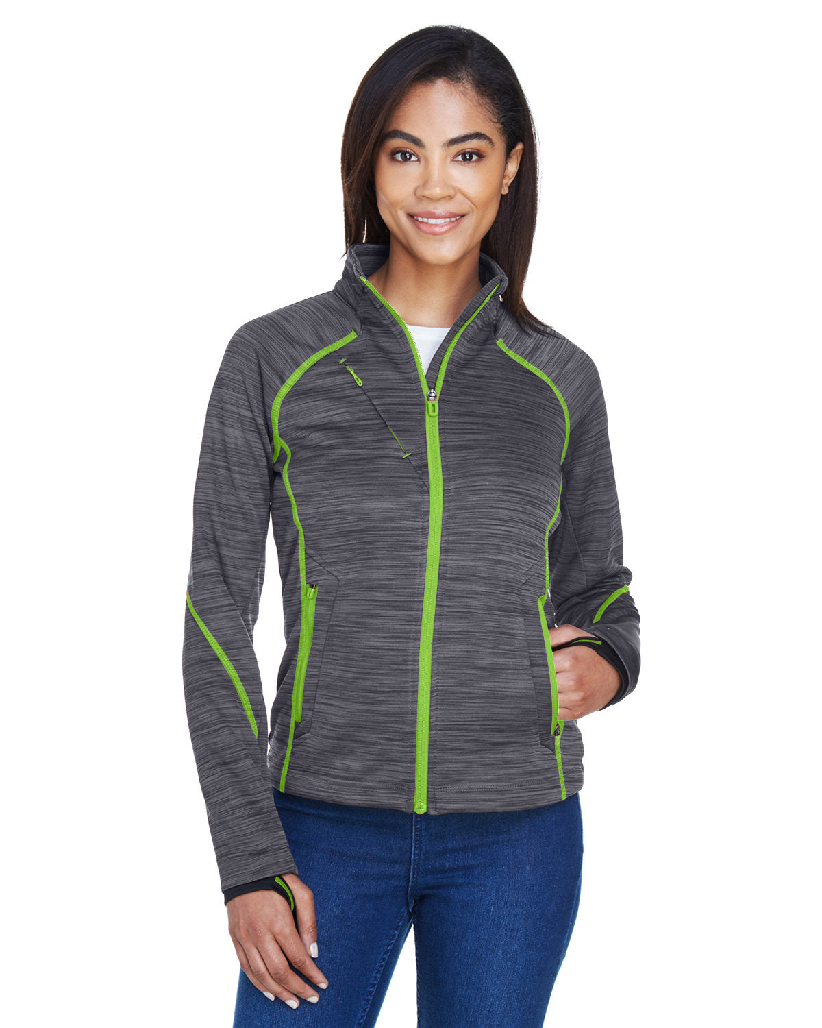  North End Ladies Flux Mélange Bonded Fleece Jacket-Ladies Jackets-North End-Carbon/Acid Green-S-Thread Logic