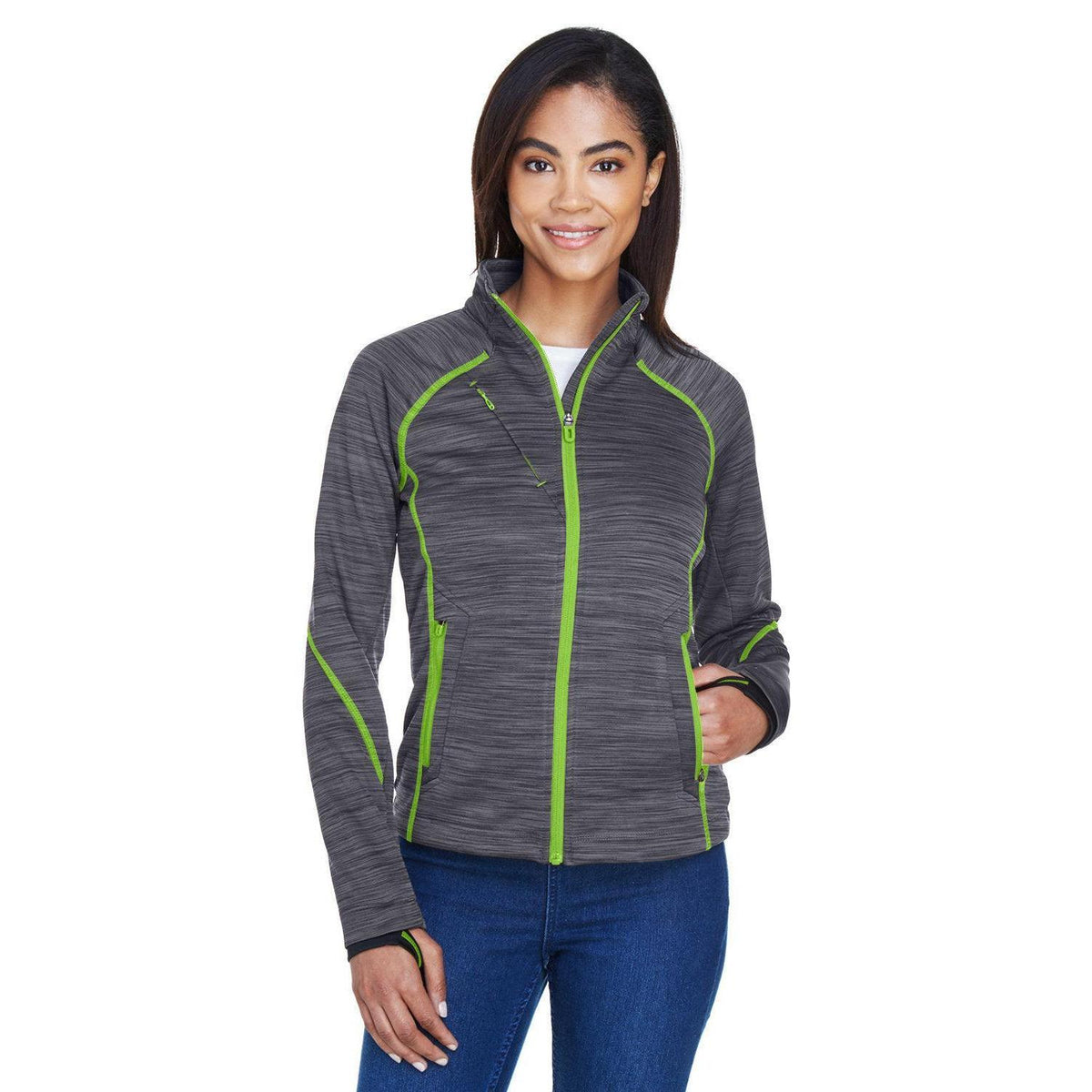 no-logo  North End Ladies Flux Mélange Bonded Fleece Jacket-Ladies Jackets-North End-Carbon/Acid Green-S-Thread Logic