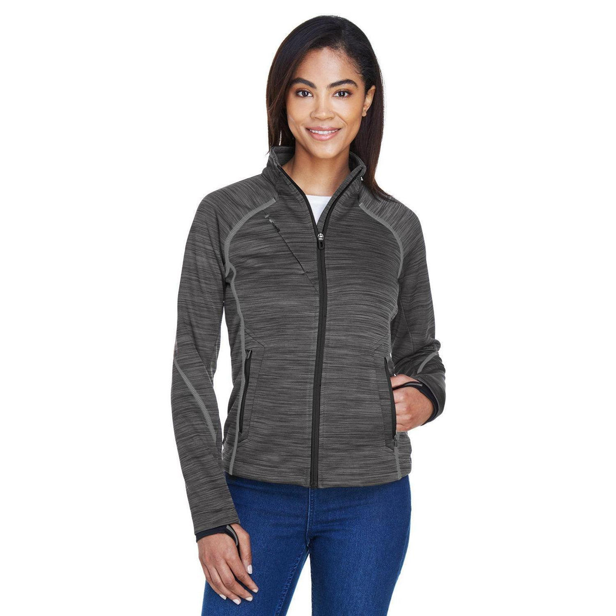 no-logo  North End Ladies Flux Mélange Bonded Fleece Jacket-Ladies Jackets-North End-Carbon/Black-S-Thread Logic