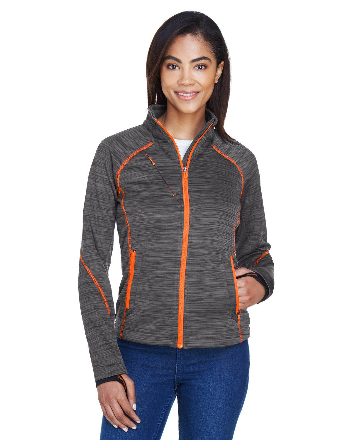 North End Ladies Flux Mélange Bonded Fleece Jacket-Ladies Jackets-North End-Carbon/Orange Soda-S-Thread Logic