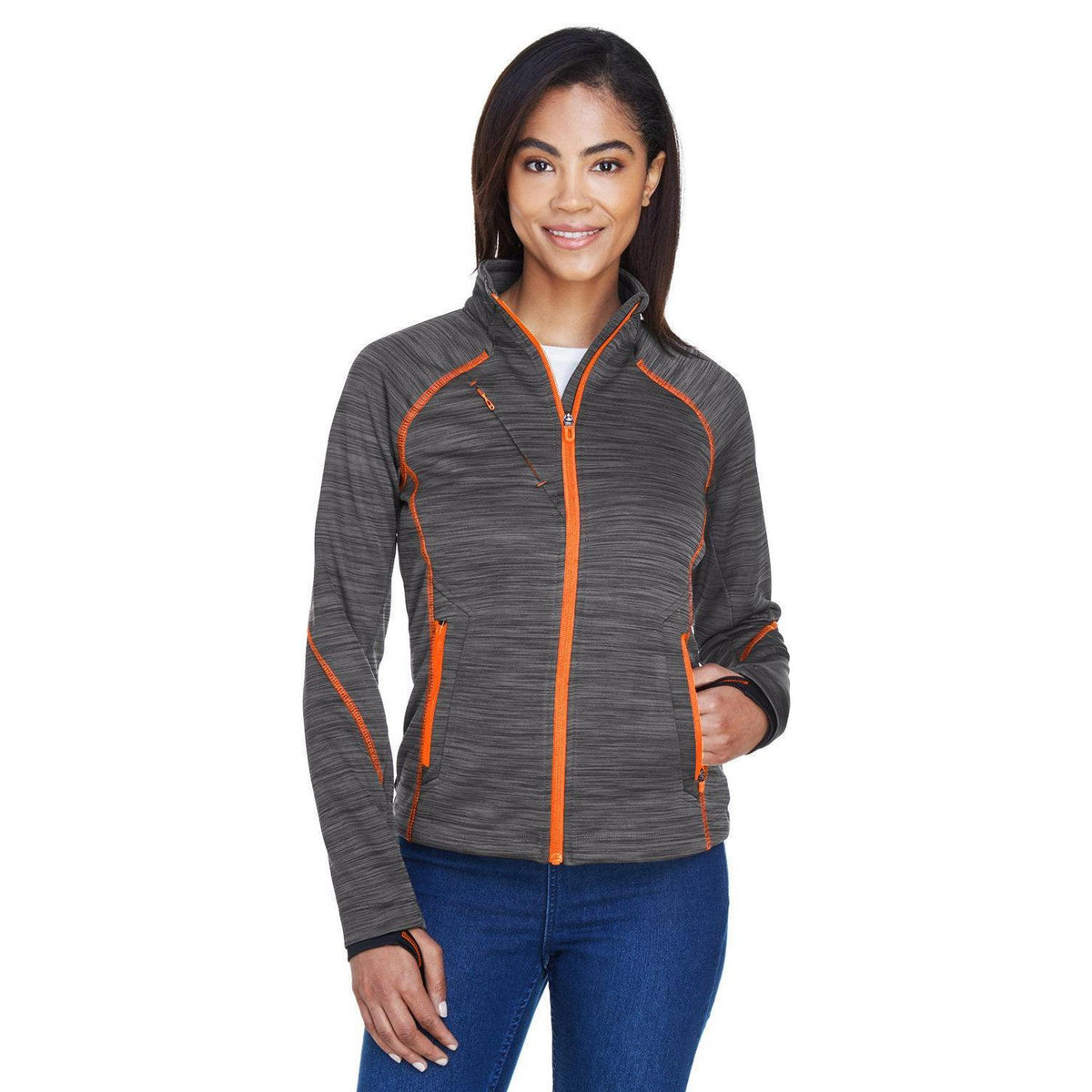 no-logo  North End Ladies Flux Mélange Bonded Fleece Jacket-Ladies Jackets-North End-Carbon/Orange Soda-S-Thread Logic