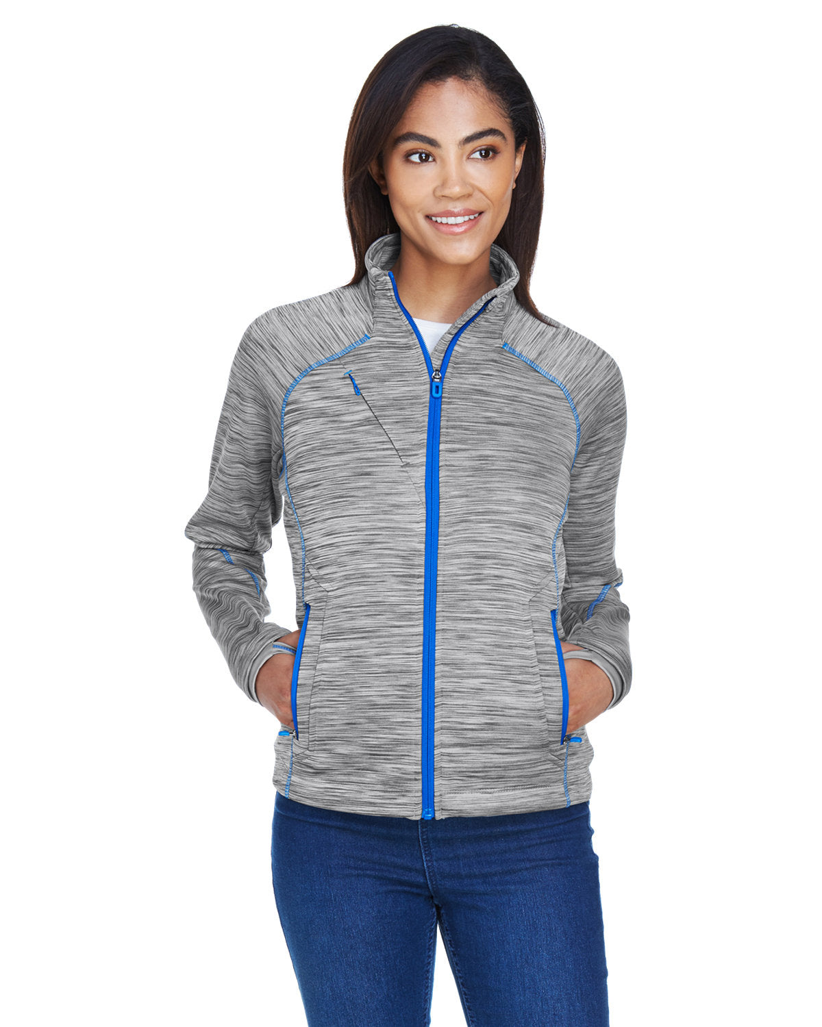  North End Ladies Flux Mélange Bonded Fleece Jacket-Ladies Jackets-North End-Platinum/Olympic Blue-S-Thread Logic