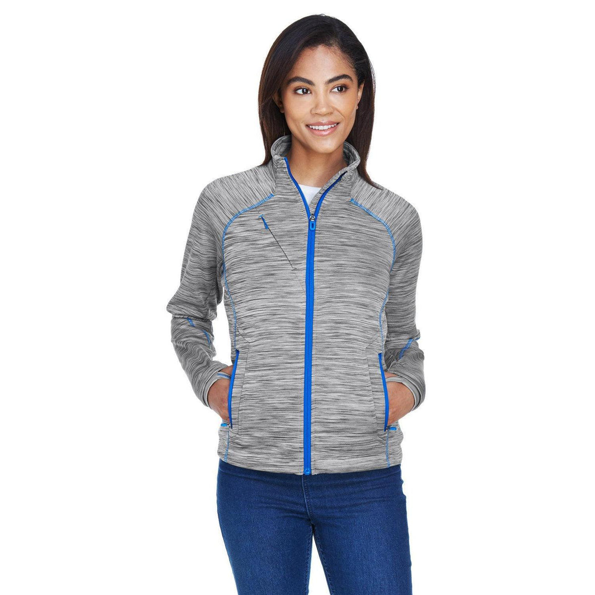 no-logo  North End Ladies Flux Mélange Bonded Fleece Jacket-Ladies Jackets-North End-Platinum/Olympic Blue-S-Thread Logic