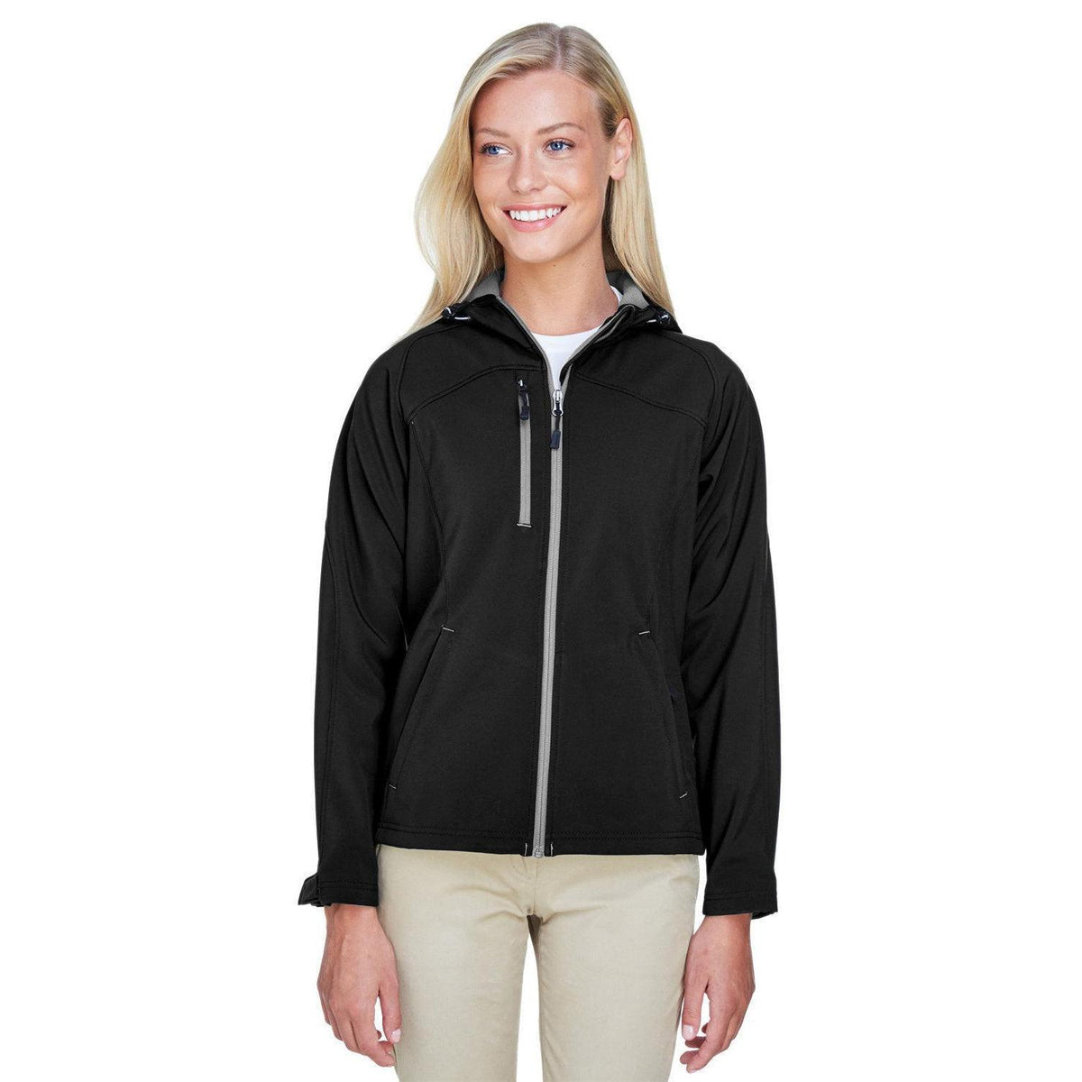 no-logo  North End Ladies Prospect Two-Layer Fleece Bonded Soft Shell Hooded Jacket-Ladies Jackets-North End-Black-S-Thread Logic