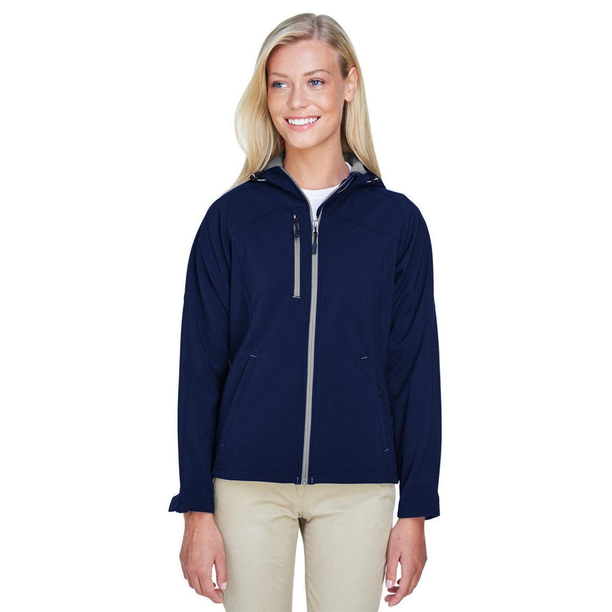 no-logo  North End Ladies Prospect Two-Layer Fleece Bonded Soft Shell Hooded Jacket-Ladies Jackets-North End-Classic Navy-S-Thread Logic