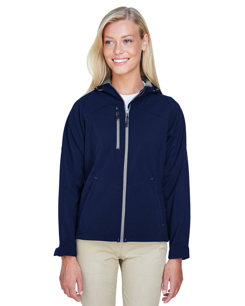  North End Ladies Prospect Two-Layer Fleece Bonded Soft Shell Hooded Jacket-Ladies Jackets-North End-Classic Navy-S-Thread Logic