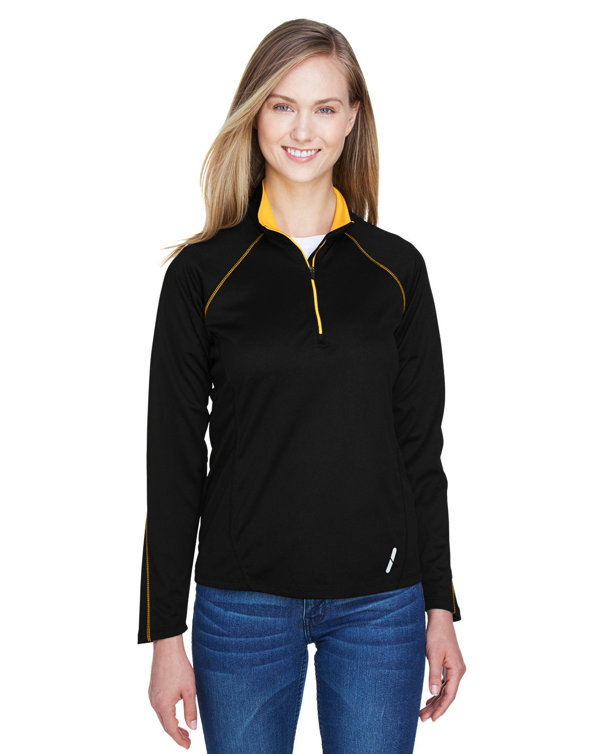  North End Ladies Radar Performance Quarter-Zip-Ladies Layering-North End-Black/Campus Gold-S-Thread Logic