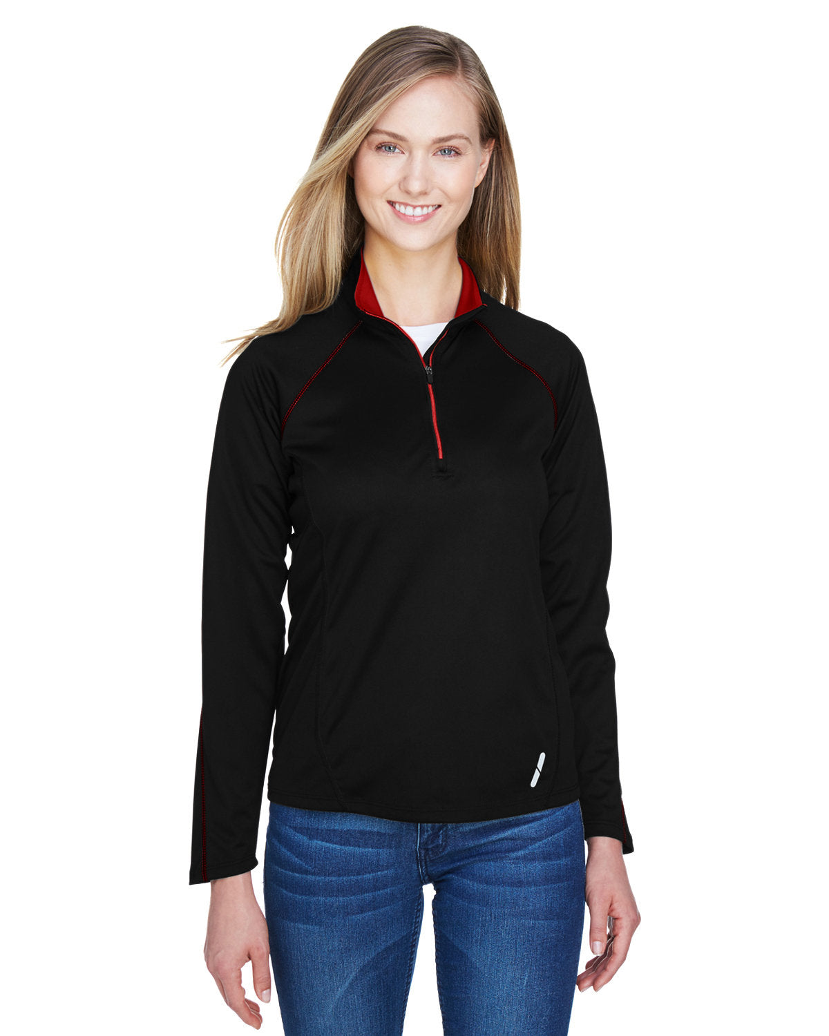  North End Ladies Radar Performance Quarter-Zip-Ladies Layering-North End-Black/Classic Red-S-Thread Logic