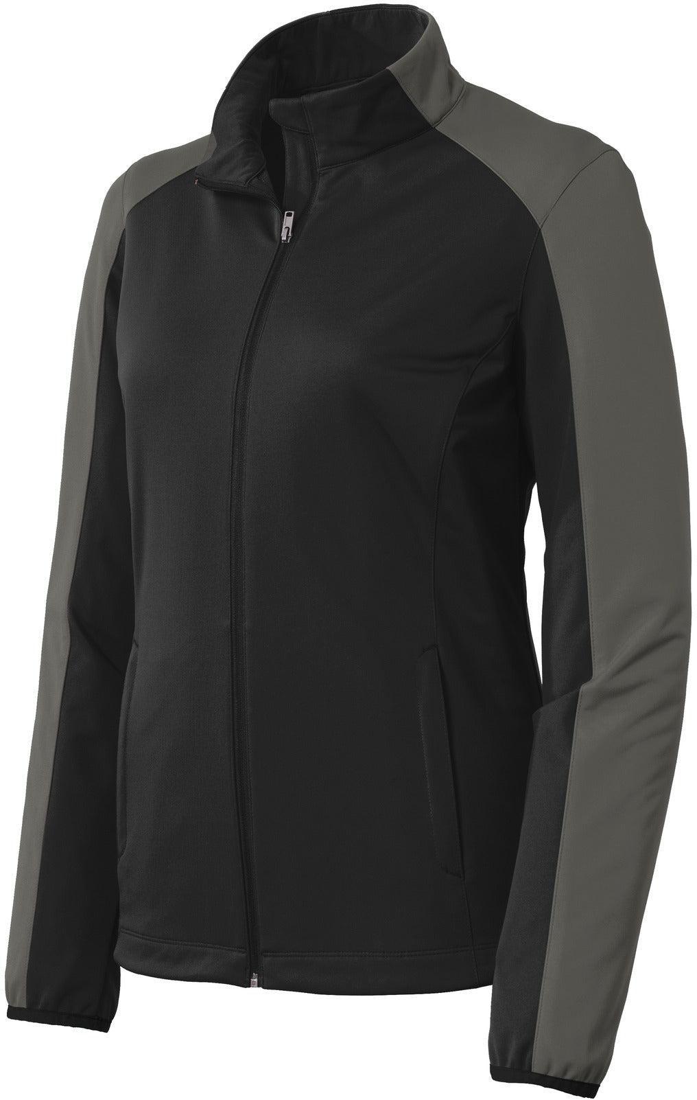 No-Logo CLOSEOUT - Port Authority Ladies Active Colorblock Soft Shell Jacket-Active-Port Authority-Deep Black/Grey Steel-S-Thread Logic