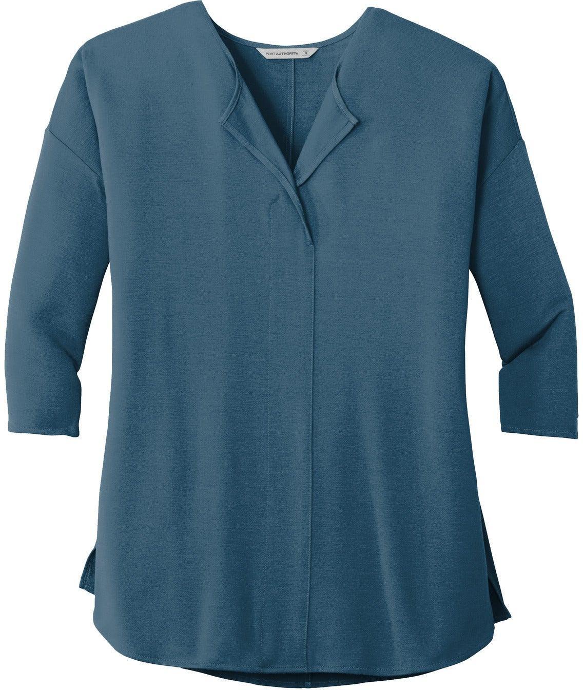 No-Logo CLOSEOUT - Port Authority Ladies Concept 3/4-Sleeve Soft Split Neck Top-Active-Port Authority-Dusty Blue-XS-Thread Logic