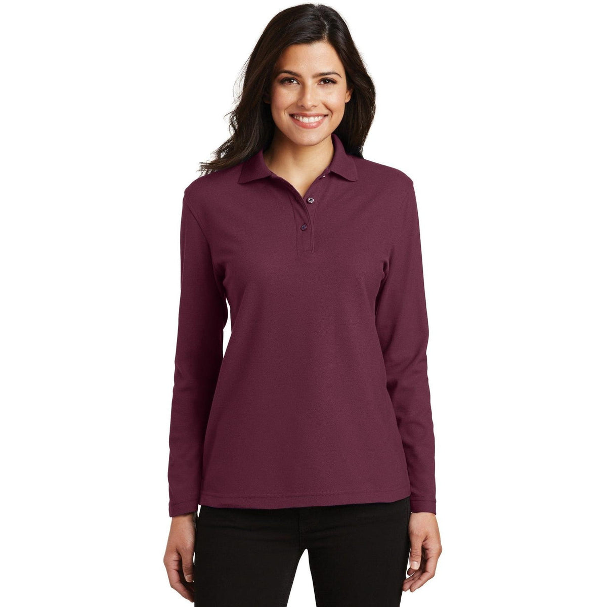 no-logo Port Authority Women's Long Sleeve Silk Touch Polo Shirt-Polos-Port Authority-Thread Logic