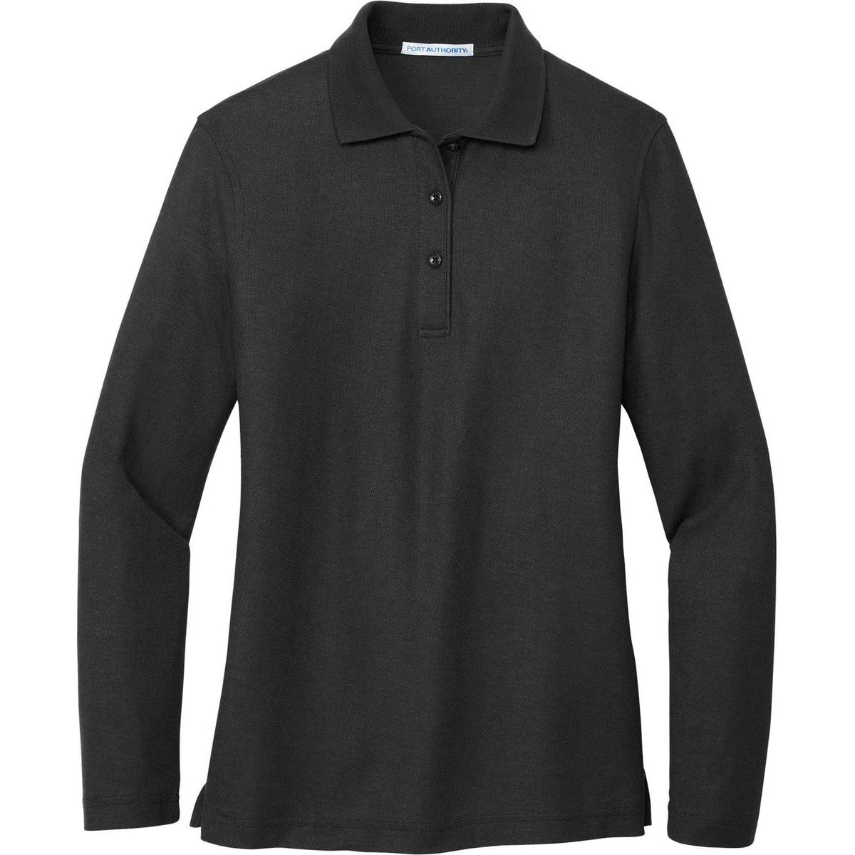 logo-left Port Authority Women's Long Sleeve Silk Touch Polo Shirt-Polos-Port Authority-Black-XS-Thread Logic