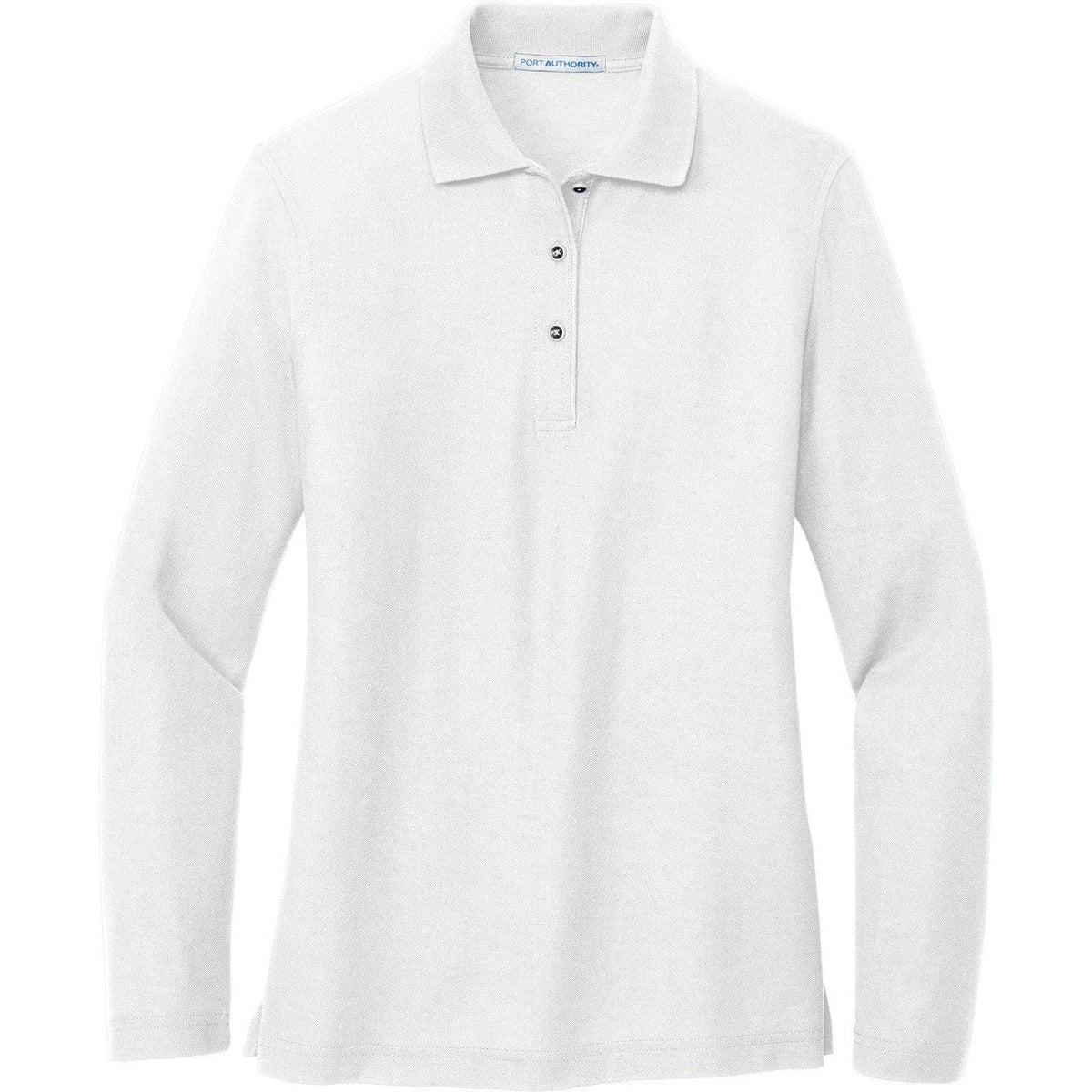 logo-left Port Authority Women's Long Sleeve Silk Touch Polo Shirt-Polos-Port Authority-White-XS-Thread Logic