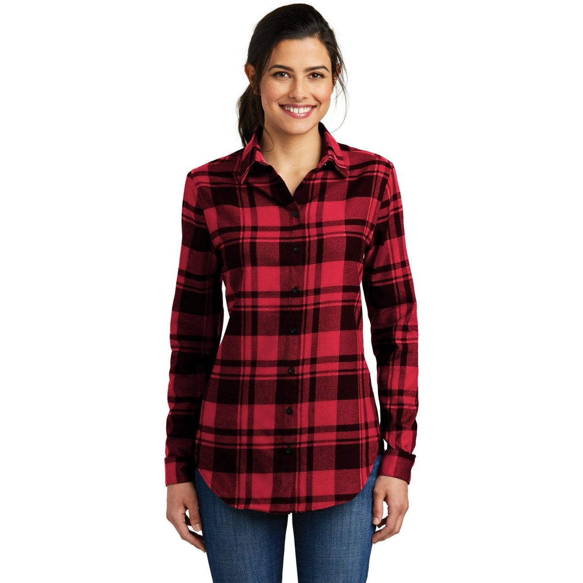 no-logo Port Authority Women's Plaid Flannel Tunic-Dress Shirts-Port Authority-Engine Red/Black-XS-Thread Logic