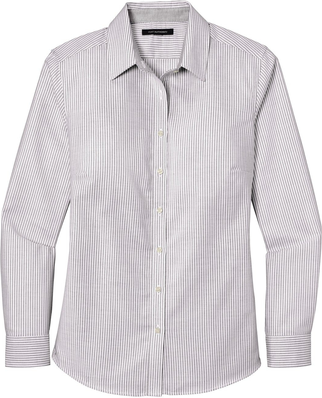 No-Logo CLOSEOUT - Port Authority Ladies SuperPro Oxford Stripe Shirt-Dress Shirts-Port Authority-Gusty Grey/White-XS-Thread Logic