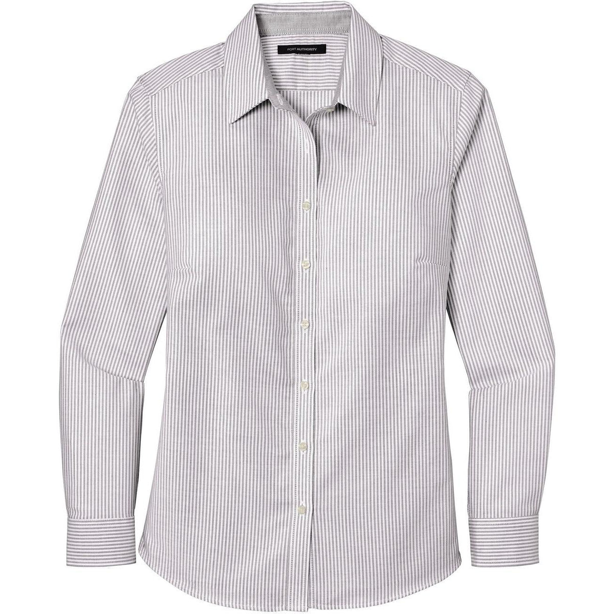 no-logo CLOSEOUT - Port Authority Ladies SuperPro Oxford Stripe Shirt-Dress Shirts-Port Authority-Gusty Grey/White-XS-Thread Logic