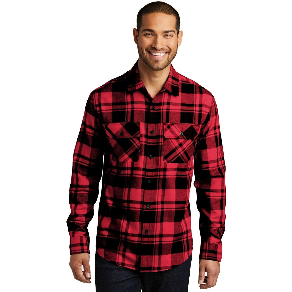 no-logo Port Authority Plaid Flannel Shirt-Dress Shirts-Port Authority-Engine Red/Black-XS-Thread Logic