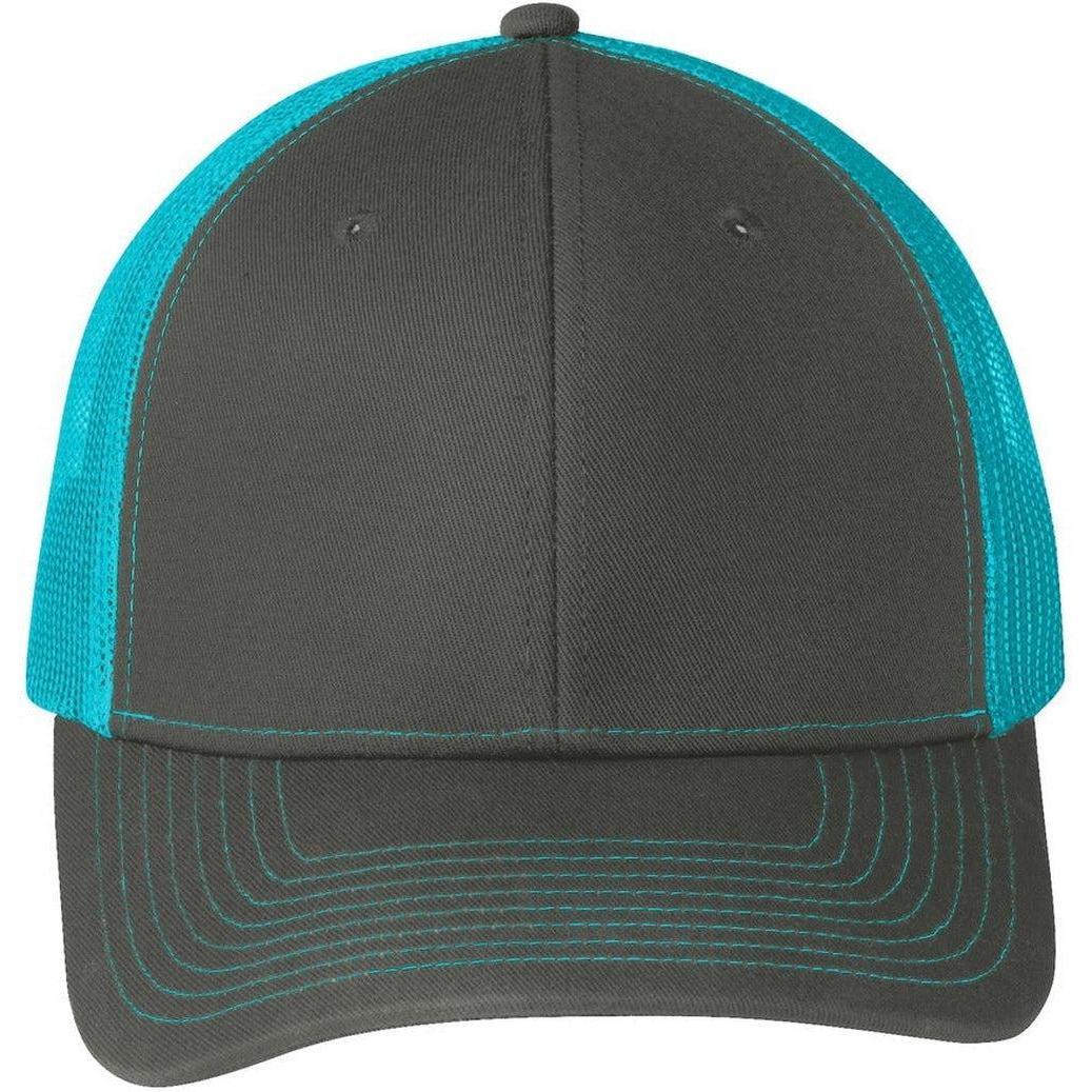 no-logo Port Authority Snapback Trucker Cap-Headwear-Port Authority-Grey Steel/Neon Blue-OSFA-Thread Logic