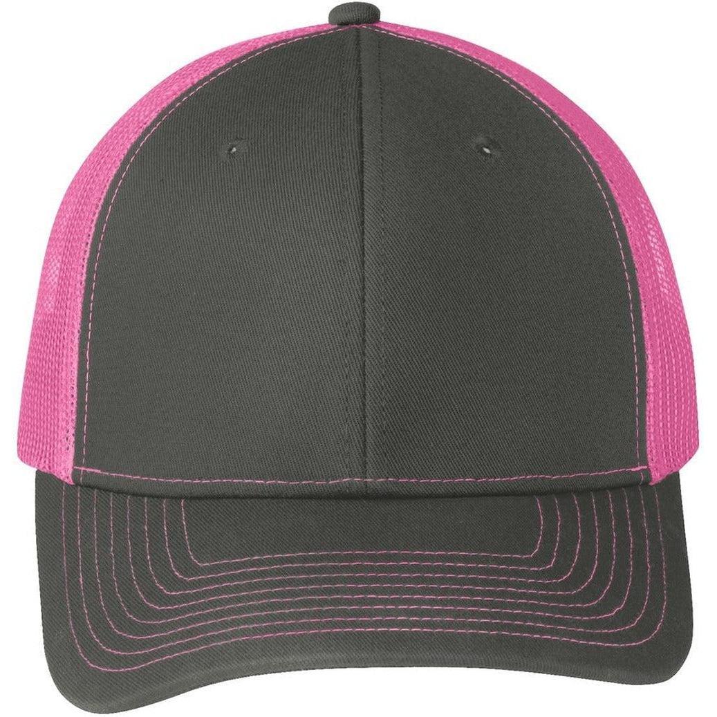 no-logo Port Authority Snapback Trucker Cap-Headwear-Port Authority-Grey Steel/Neon Pink-OSFA-Thread Logic