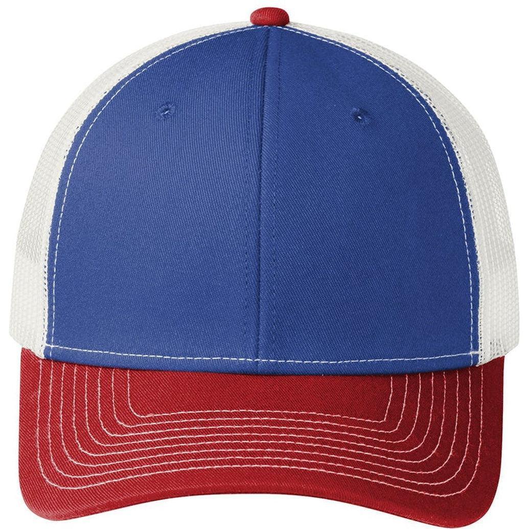 no-logo Port Authority Snapback Trucker Cap-Headwear-Port Authority-Patriot Blue/Flame Red/White-OSFA-Thread Logic