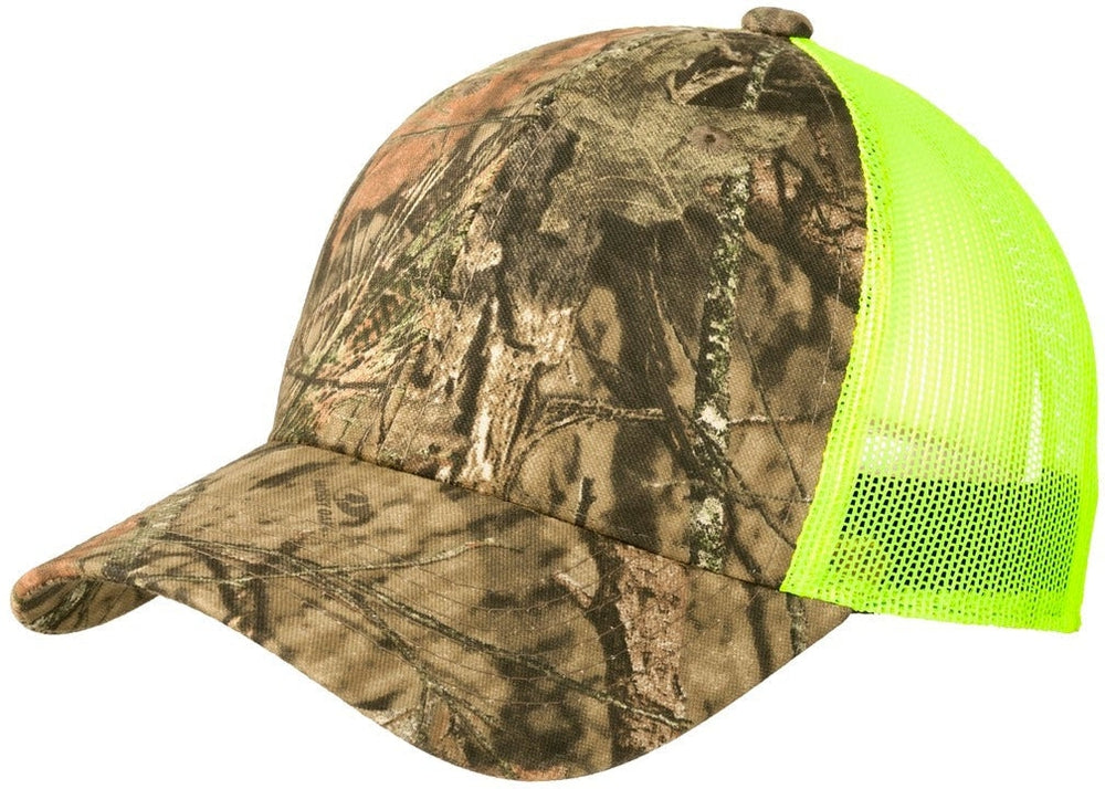 no-logo Port Authority Structured Camouflage Mesh Back Cap-Regular-Port Authority-Mossy Oak Break-up Country/Neon Yellow-OSFA-Thread Logic 