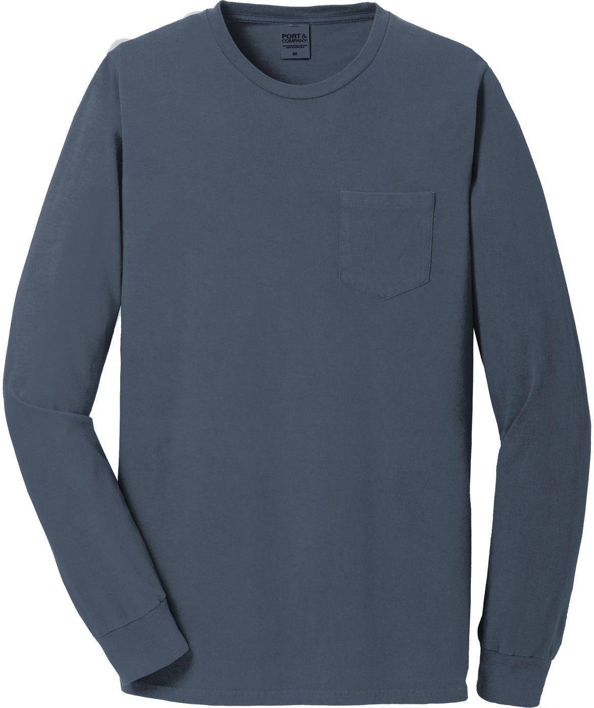 No-Logo CLOSEOUT - Port & Company Beach Wash Garment-Dyed Long Sleeve Pocket Tee-Active-Port & Company-Denim Blue-S-Thread Logic