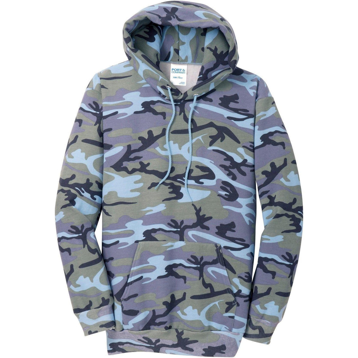 logo-left Port & Company Core Fleece Camo Pullover Hooded Sweatshirt-Hoodies-Port & Company-Woodland Blue Camo-S-Thread Logic