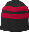 no-logo Port & Company Fleece-Lined Striped Beanie Cap-Regular-Port & Company-Black/Athletic Red-OSFA-Thread Logic 