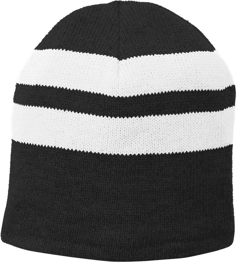 no-logo Port & Company Fleece-Lined Striped Beanie Cap-Regular-Port & Company-Black/White-OSFA-Thread Logic 