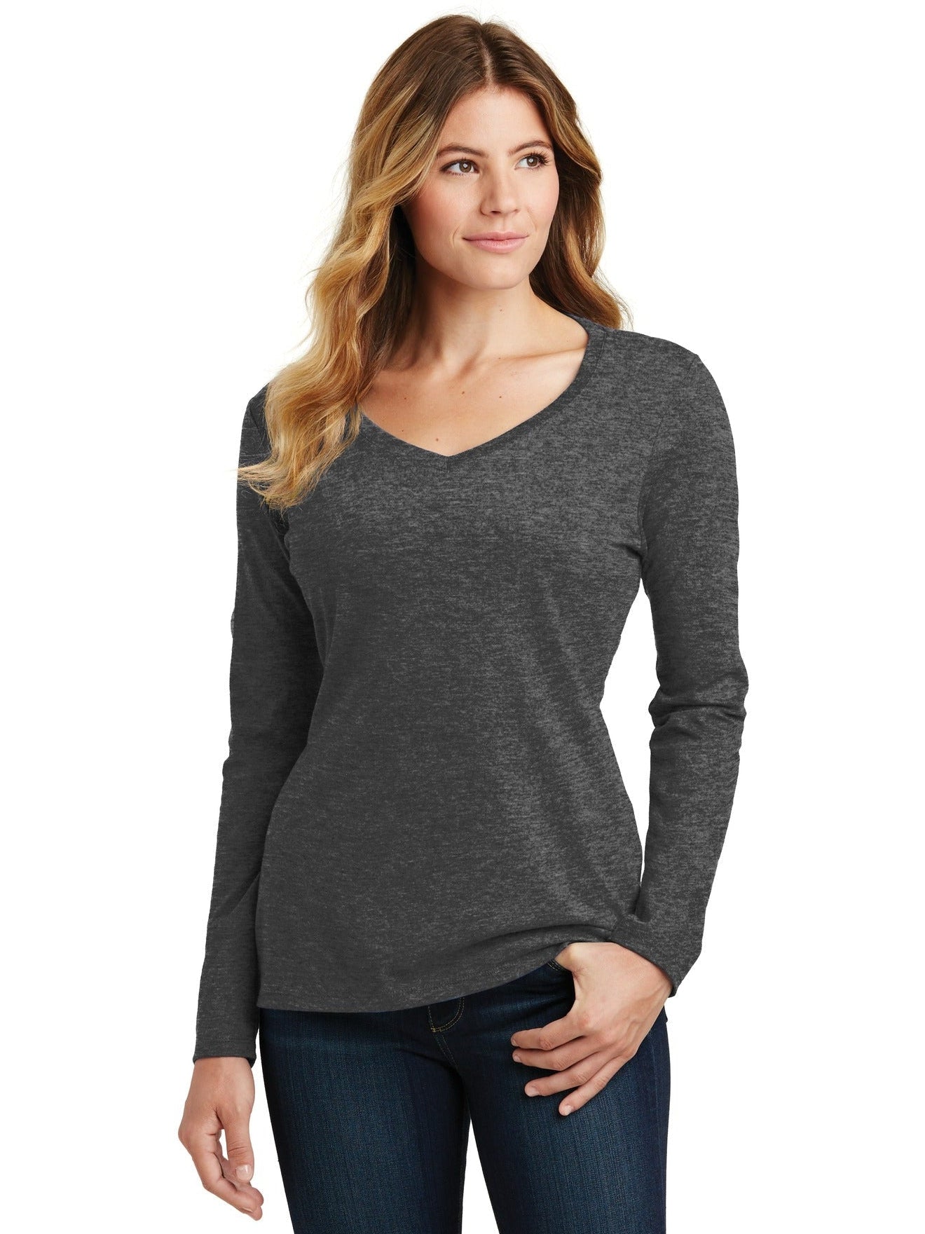 no-logo Port & Company Ladies Long Sleeve Fan Favorite V-Neck Tee-Regular-Port & Company-Thread Logic