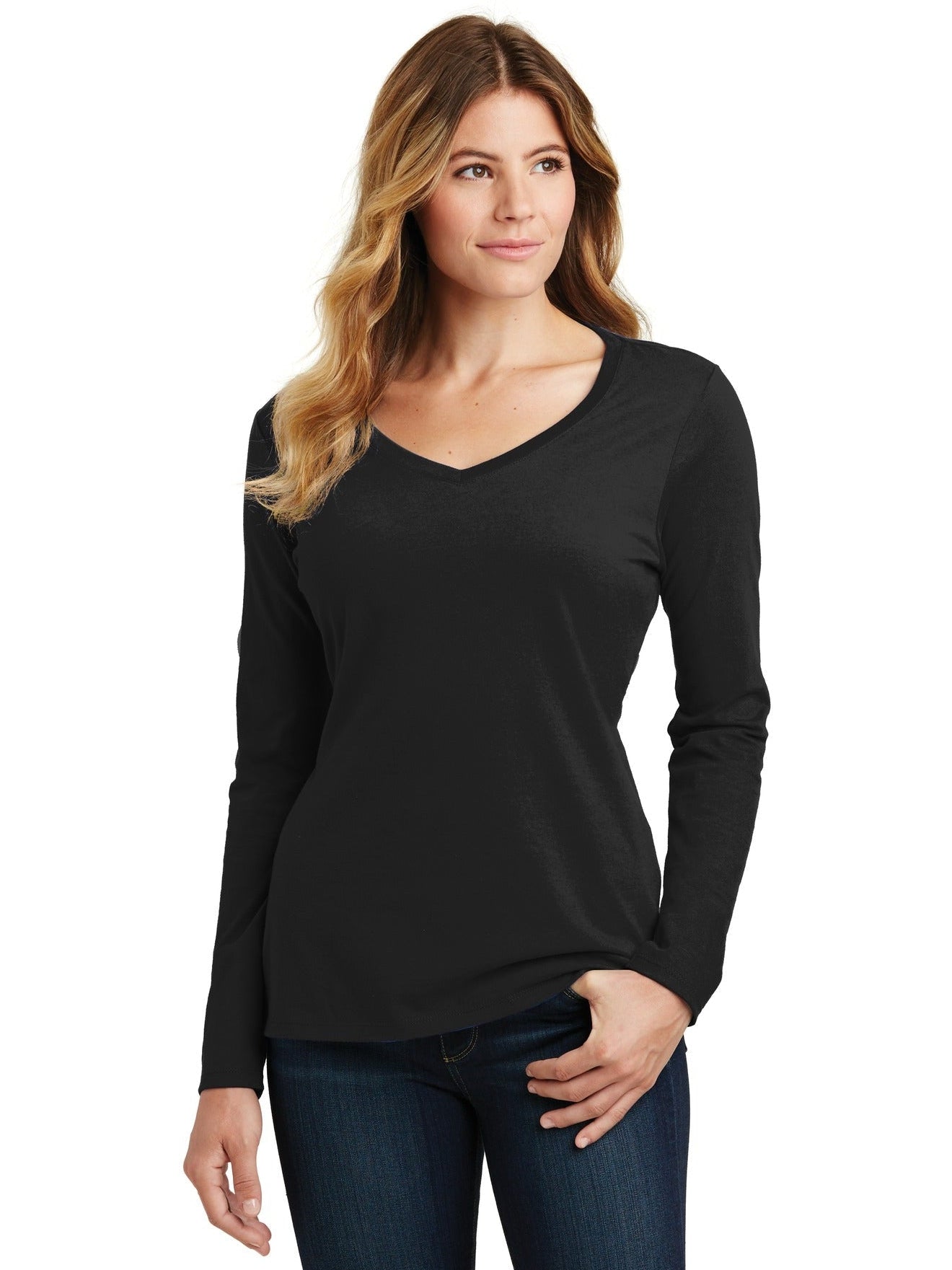 no-logo Port & Company Ladies Long Sleeve Fan Favorite V-Neck Tee-Regular-Port & Company-Thread Logic