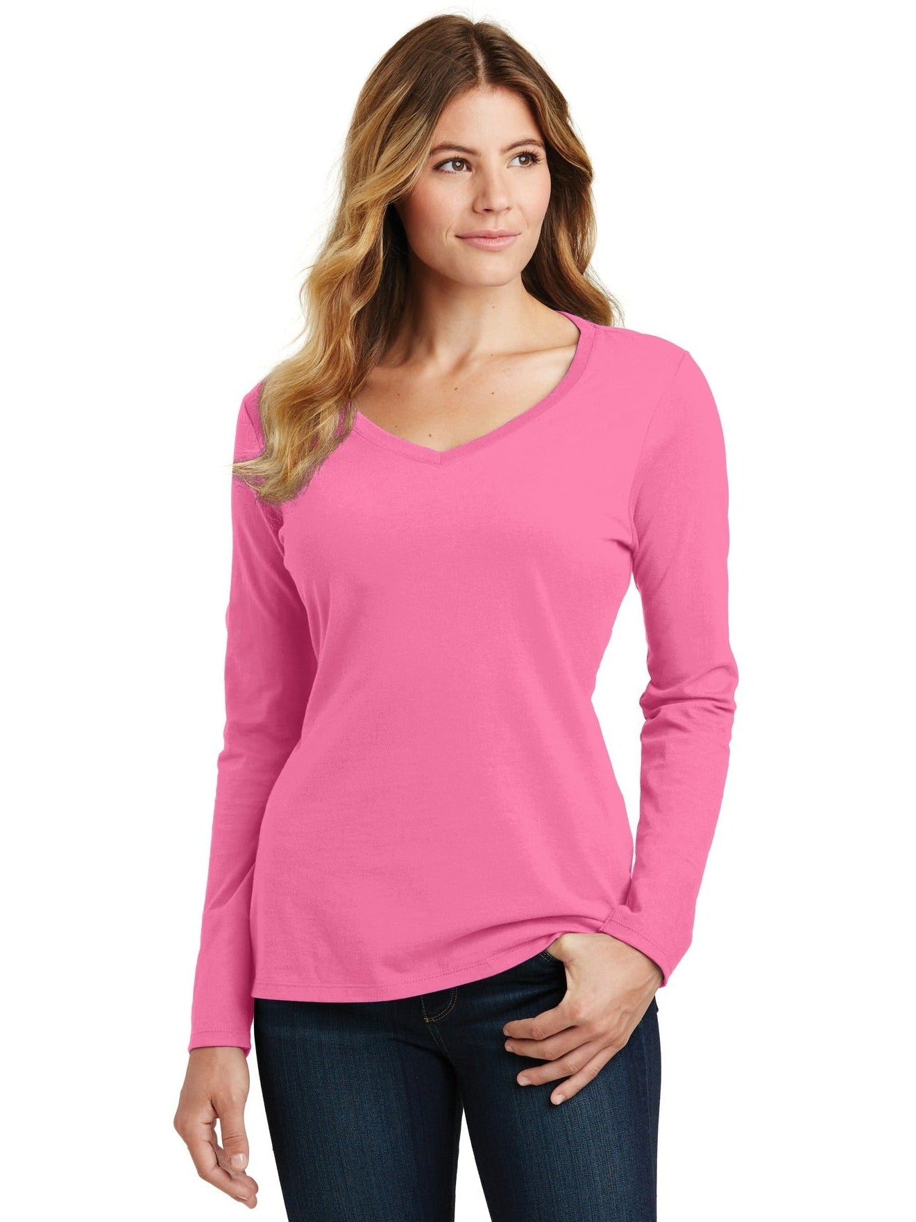 no-logo Port & Company Ladies Long Sleeve Fan Favorite V-Neck Tee-Regular-Port & Company-Thread Logic