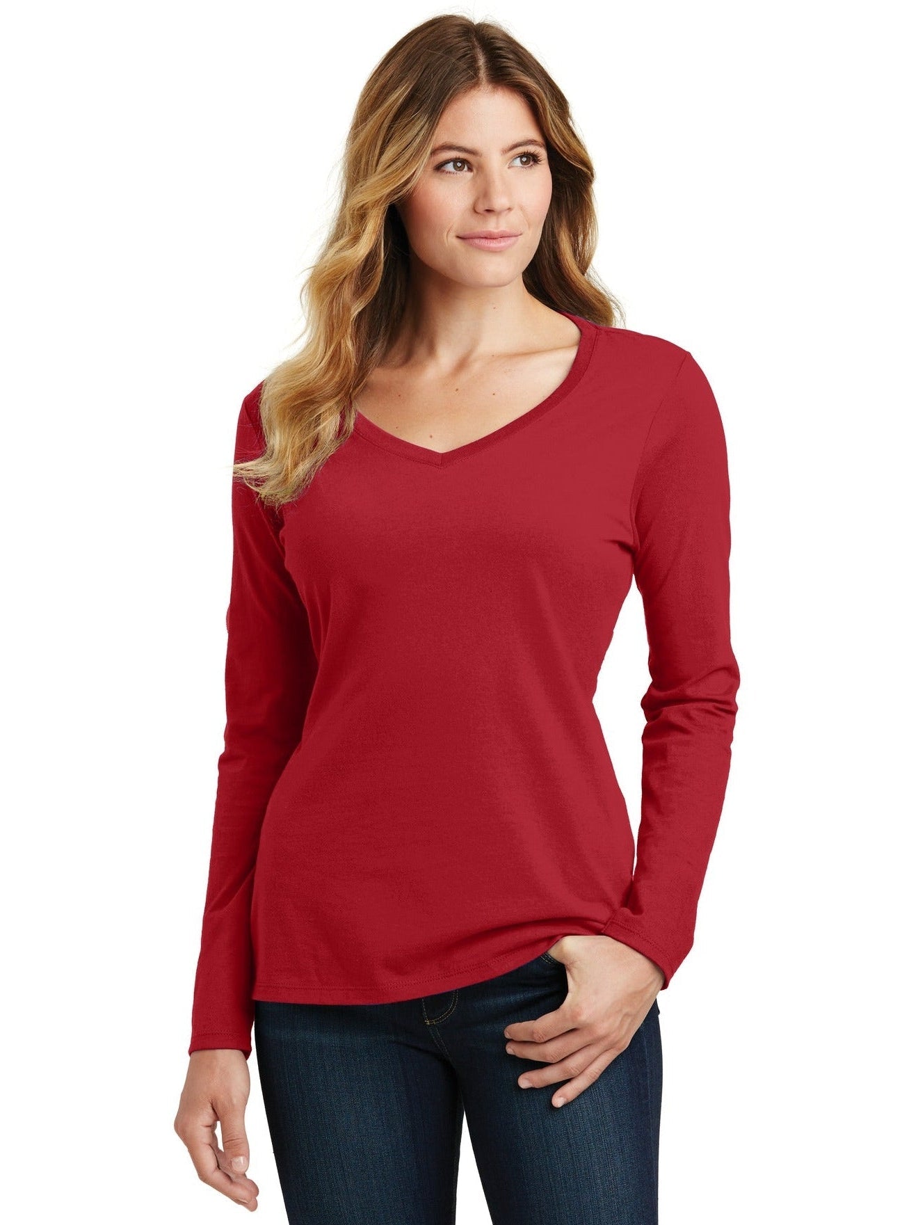 no-logo Port & Company Ladies Long Sleeve Fan Favorite V-Neck Tee-Regular-Port & Company-Thread Logic