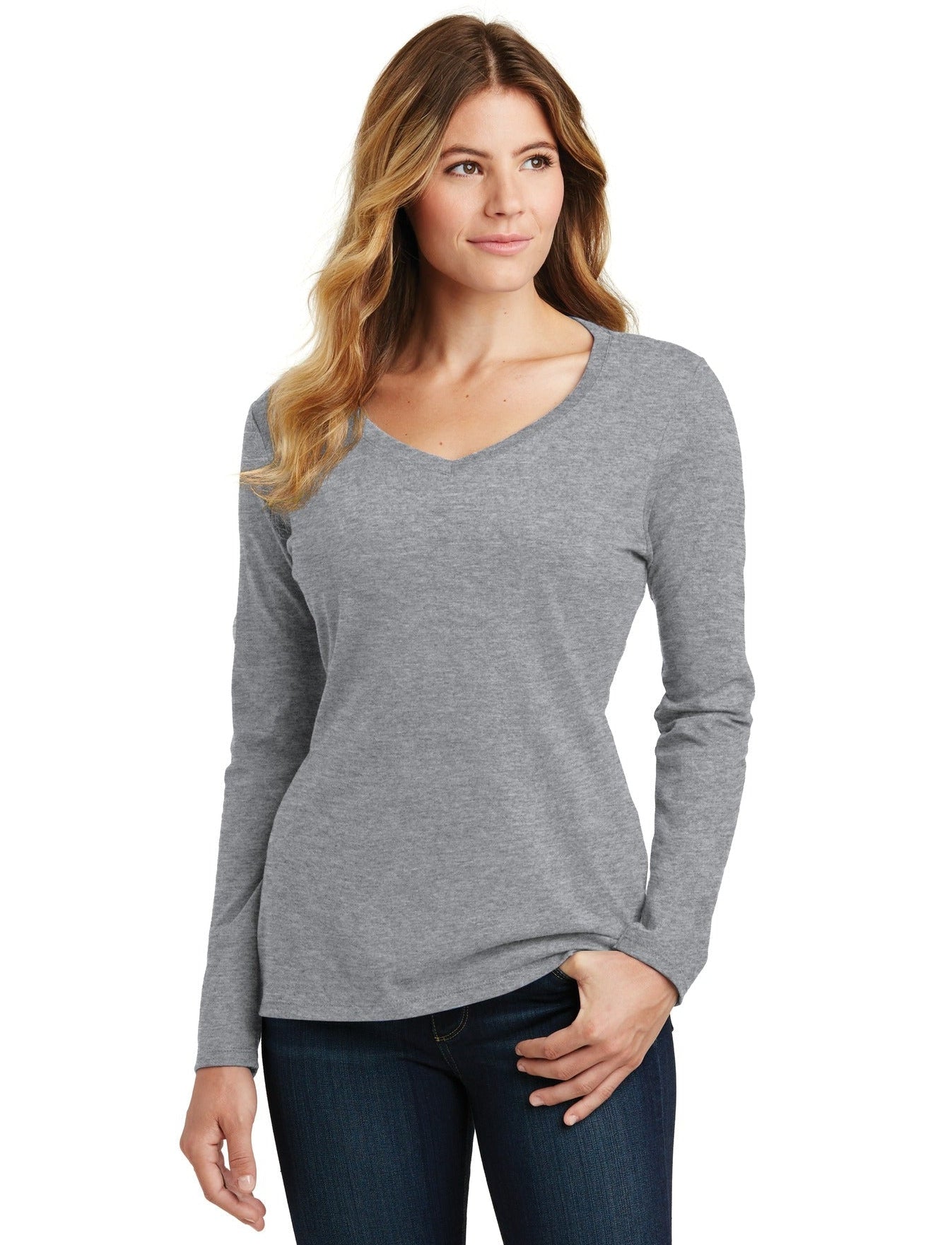 no-logo Port & Company Ladies Long Sleeve Fan Favorite V-Neck Tee-Regular-Port & Company-Thread Logic