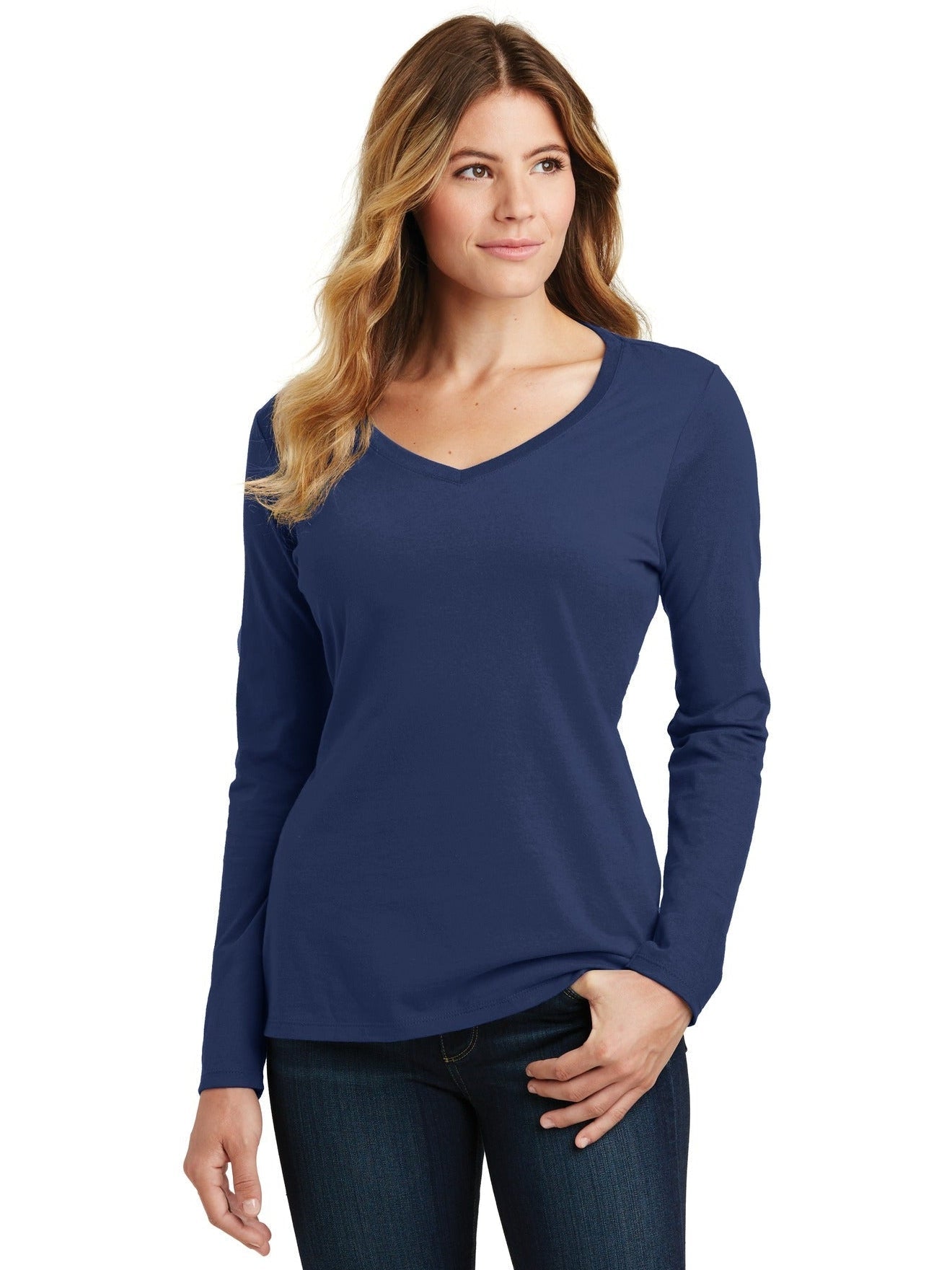 no-logo Port & Company Ladies Long Sleeve Fan Favorite V-Neck Tee-Regular-Port & Company-Thread Logic