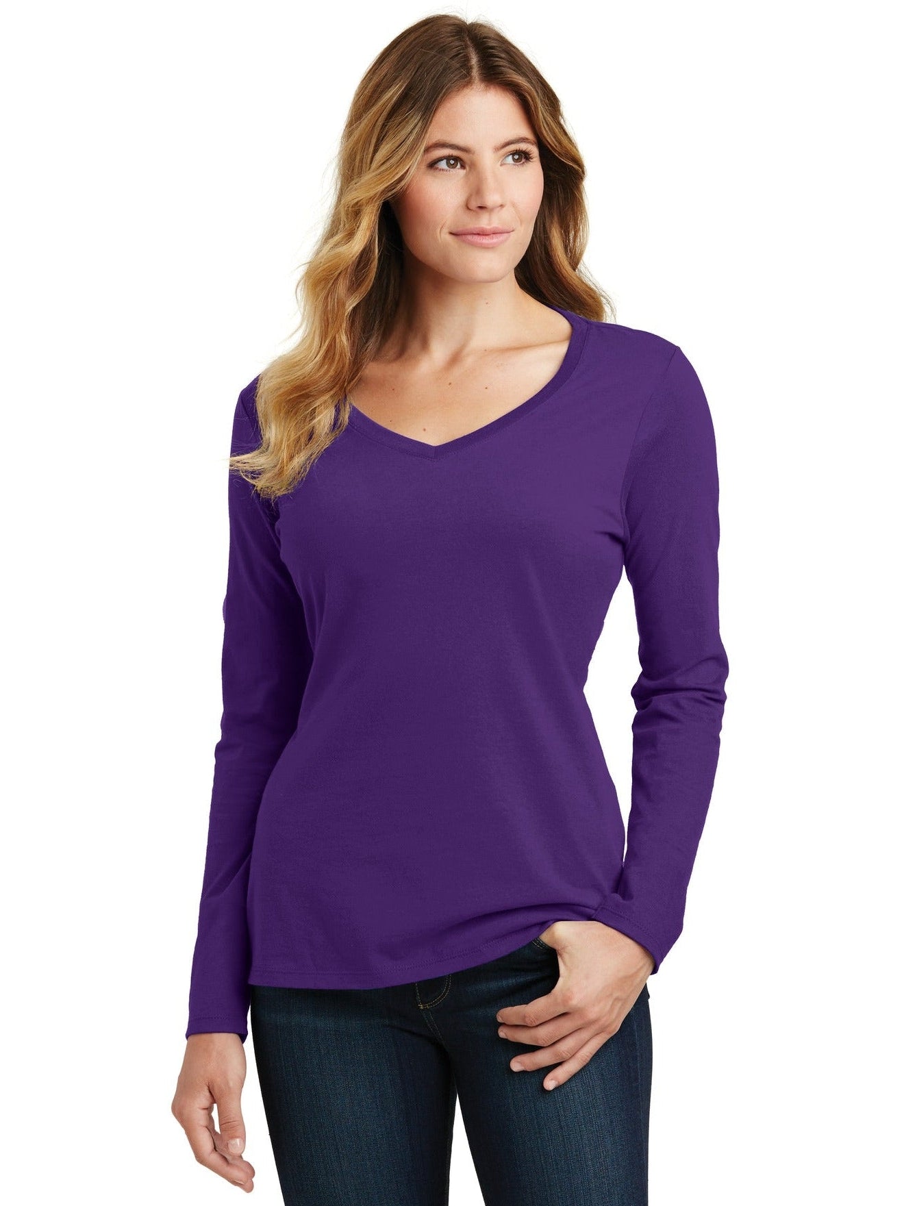 no-logo Port & Company Ladies Long Sleeve Fan Favorite V-Neck Tee-Regular-Port & Company-Thread Logic
