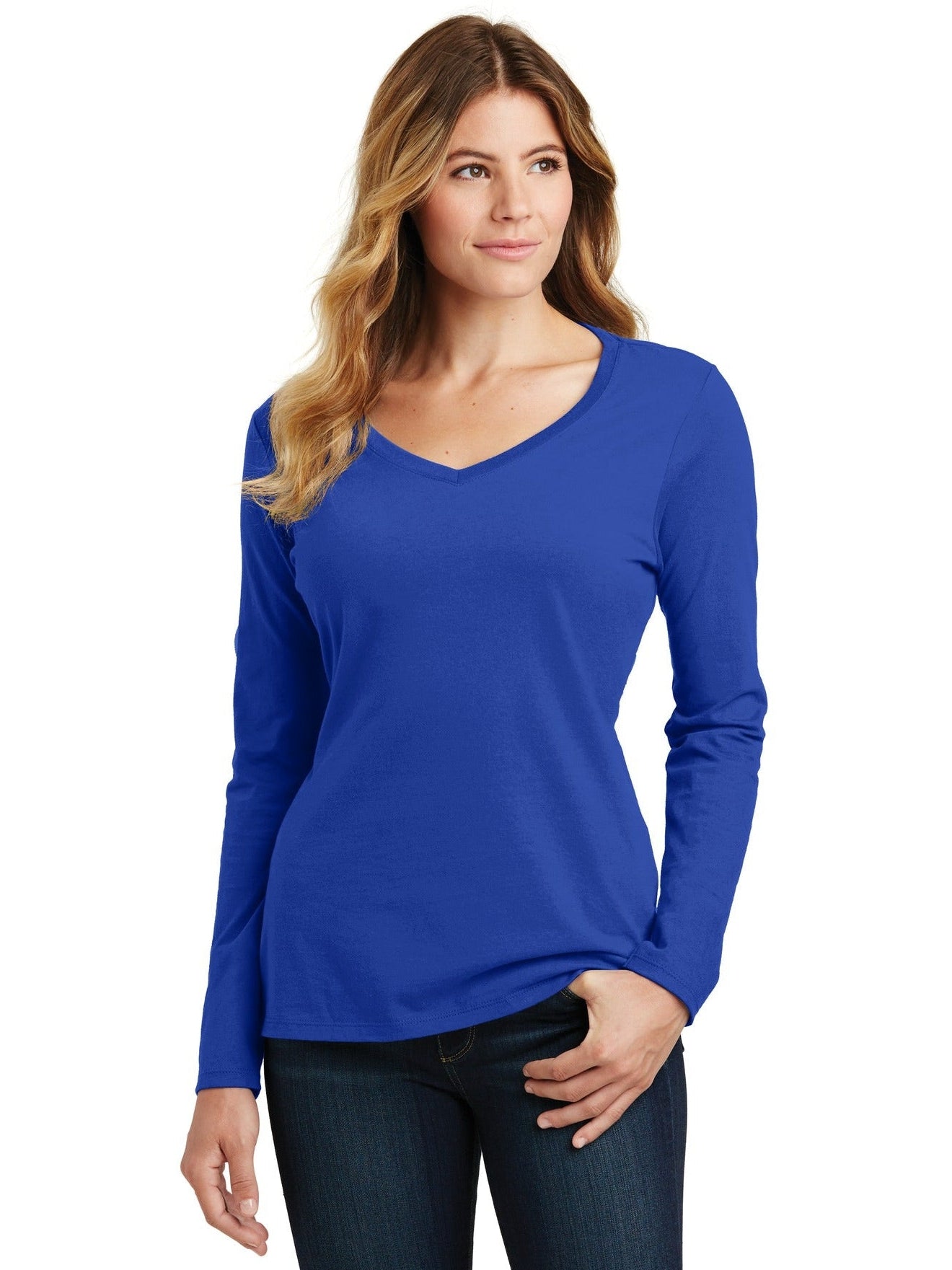 no-logo Port & Company Ladies Long Sleeve Fan Favorite V-Neck Tee-Regular-Port & Company-Thread Logic