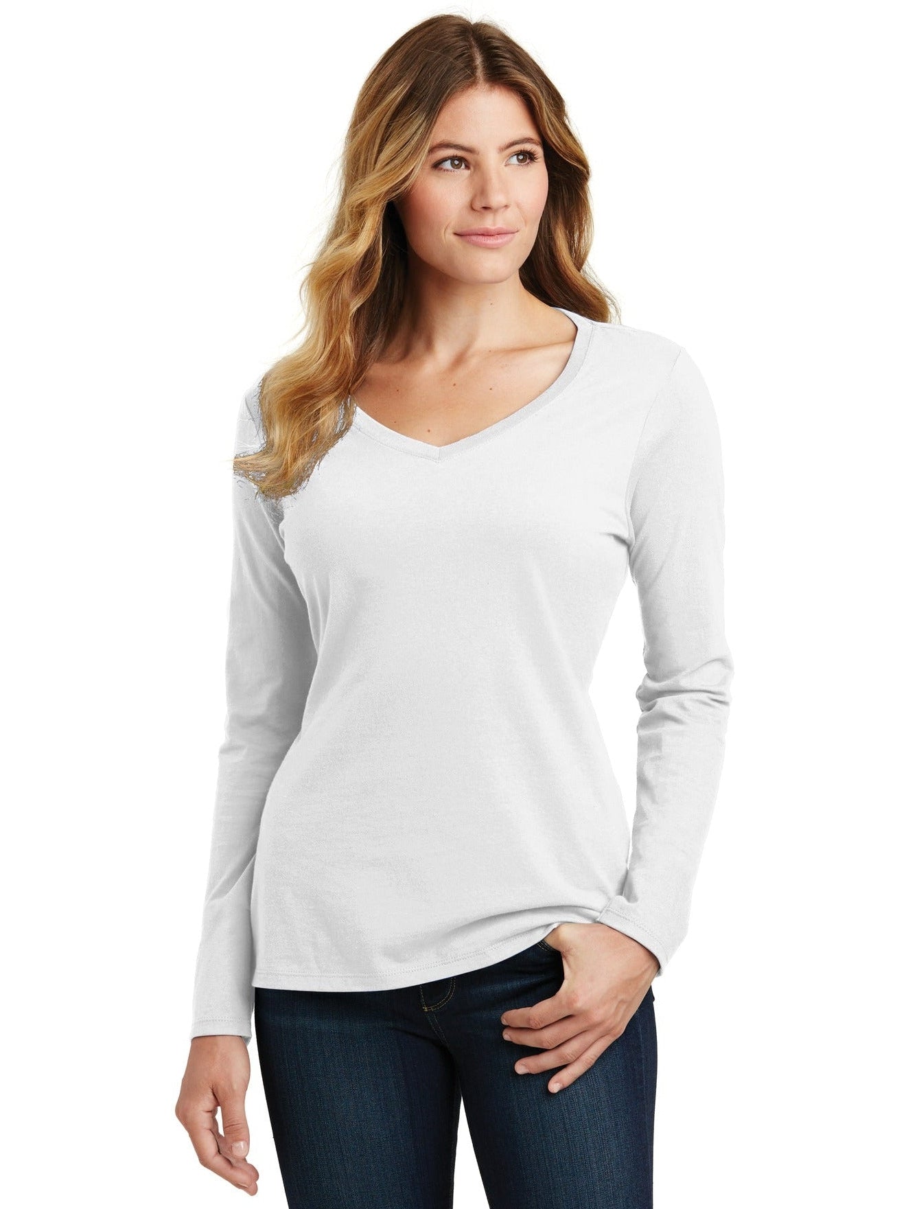 no-logo Port & Company Ladies Long Sleeve Fan Favorite V-Neck Tee-Regular-Port & Company-Thread Logic
