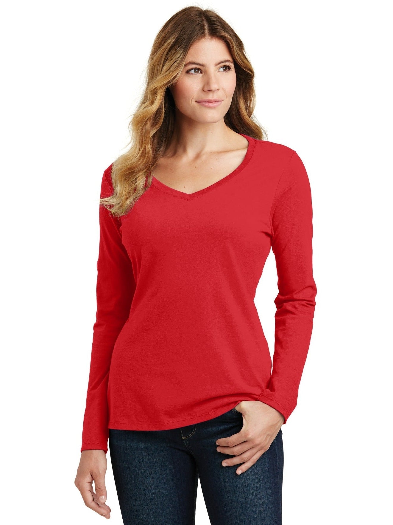 no-logo Port & Company Ladies Long Sleeve Fan Favorite V-Neck Tee-Regular-Port & Company-Thread Logic