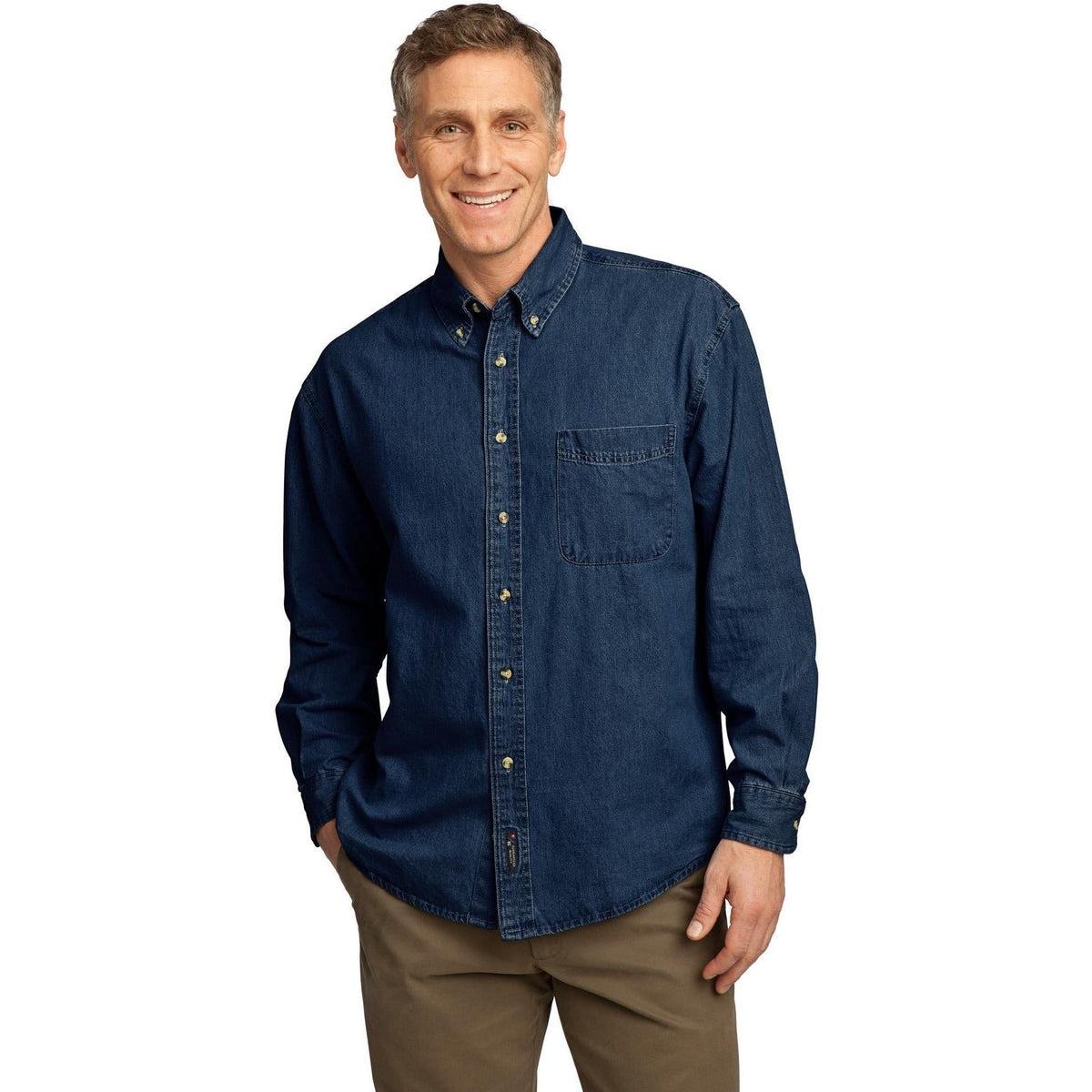 no-logo Port & Company Long Sleeve Value Denim Shirt-Dress Shirts-Port & Company-Thread Logic