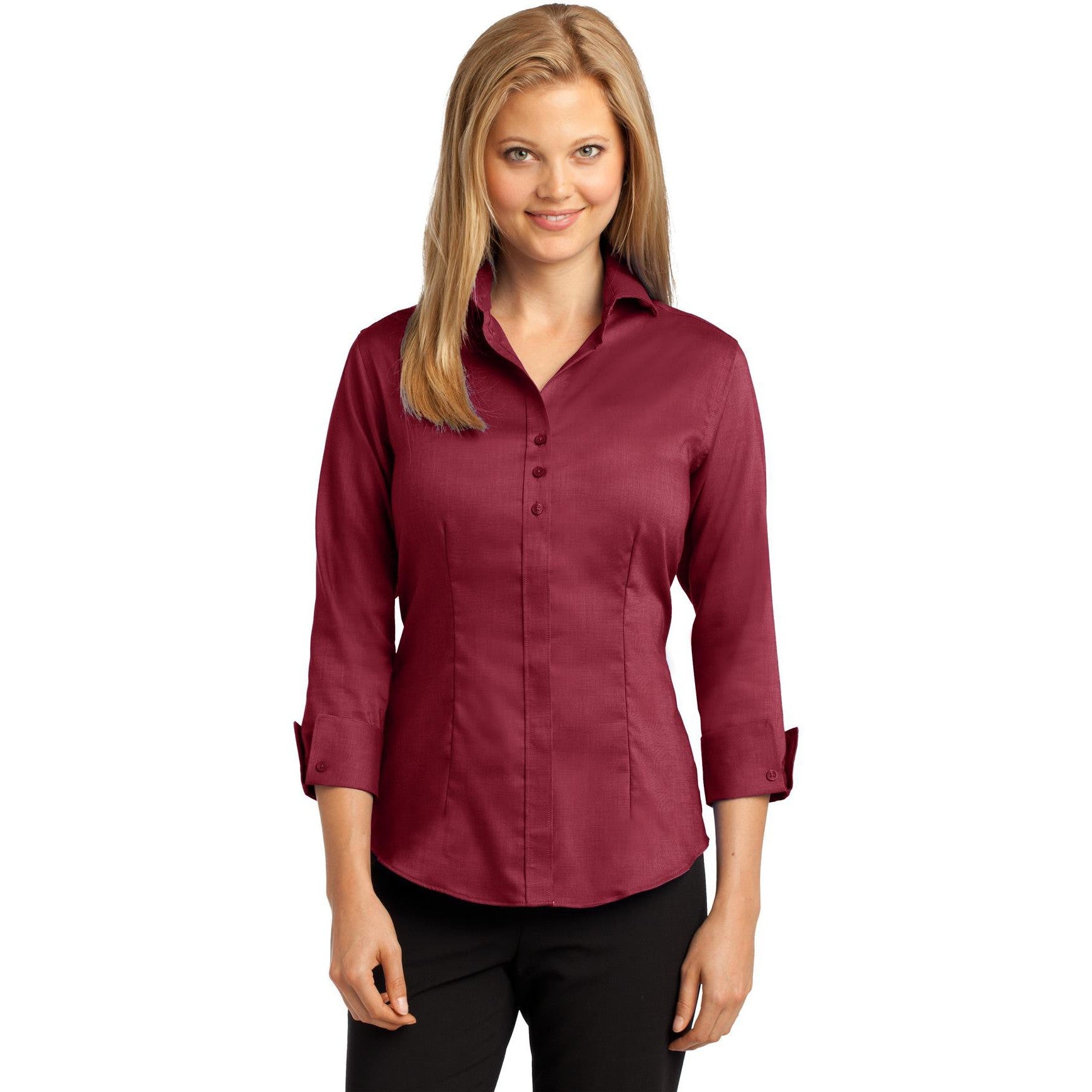no-logo CLOSEOUT - Red House Ladies 3/4-Sleeve Nailhead Non-Iron Shirt-Red House-Deep Red-S-Thread Logic