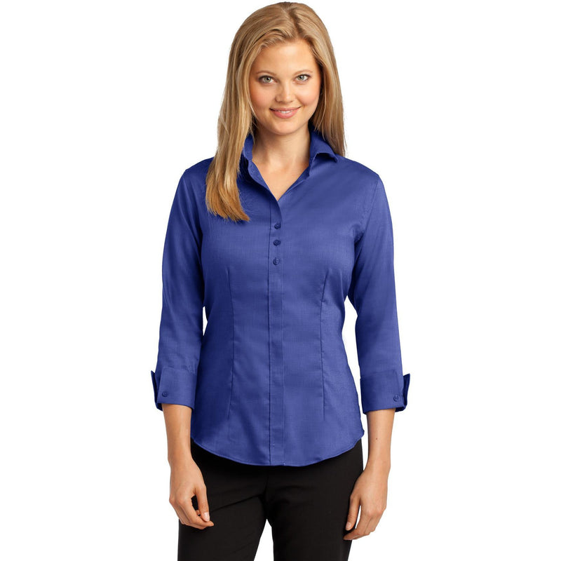 no-logo CLOSEOUT - Red House Ladies 3/4-Sleeve Nailhead Non-Iron Shirt-Red House-Mediterranean Blue-S-Thread Logic