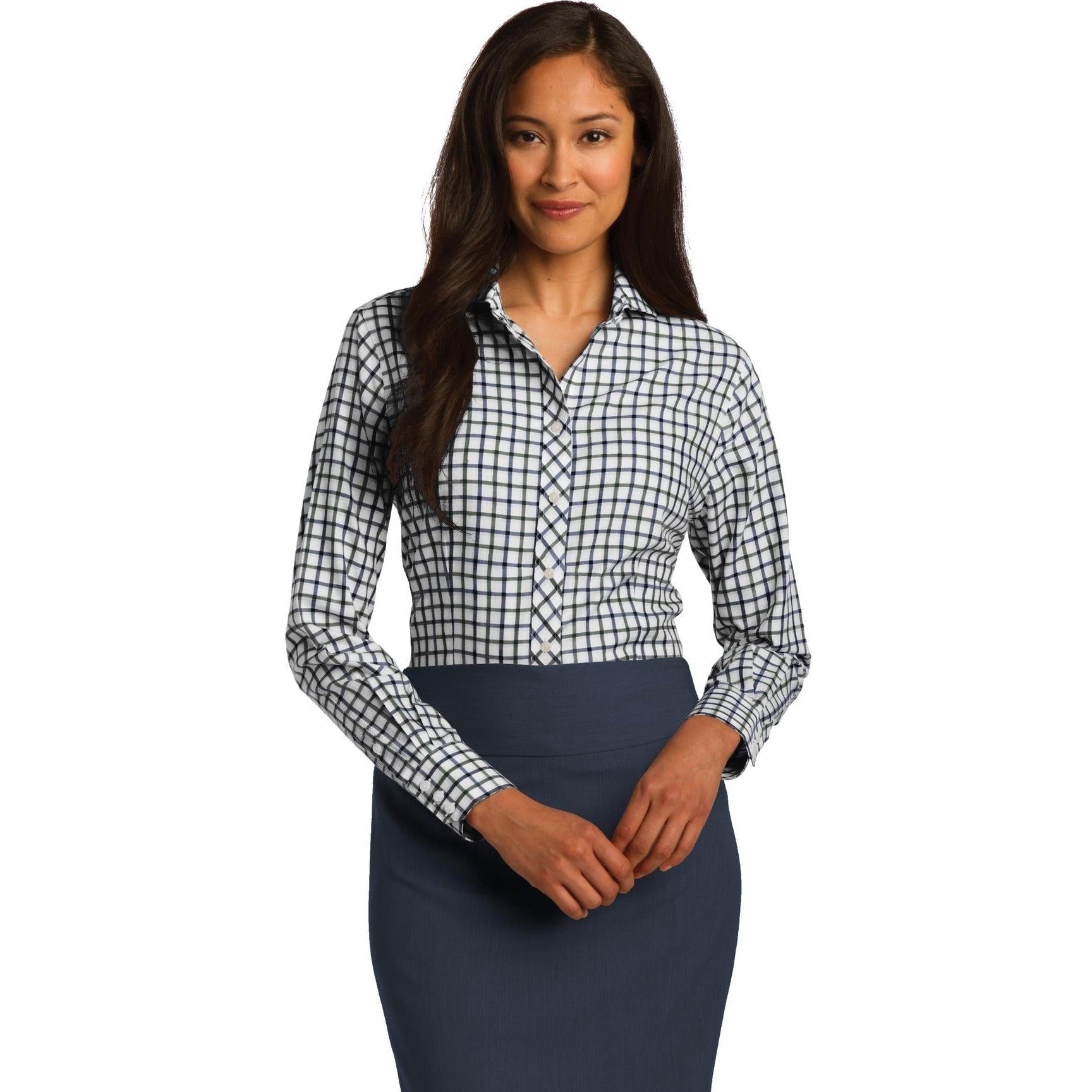 no-logo CLOSEOUT - Red House Ladies Tricolor Check Non-Iron Shirt-Red House-Dark Green/Navy/White-XS-Thread Logic