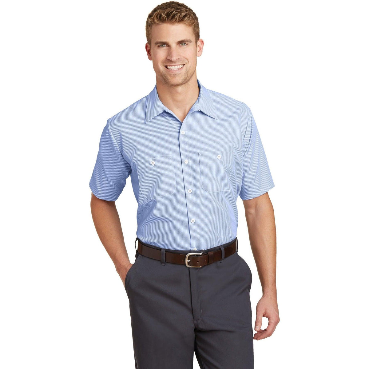 no-logo Red Kap Long Size, Short Sleeve Striped Industrial Work Shirt-Active-Red Kap-Thread Logic