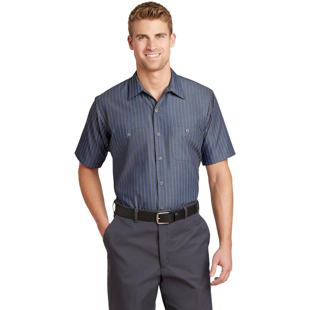 no-logo Red Kap Long Size, Short Sleeve Striped Industrial Work Shirt-Active-Red Kap-Thread Logic