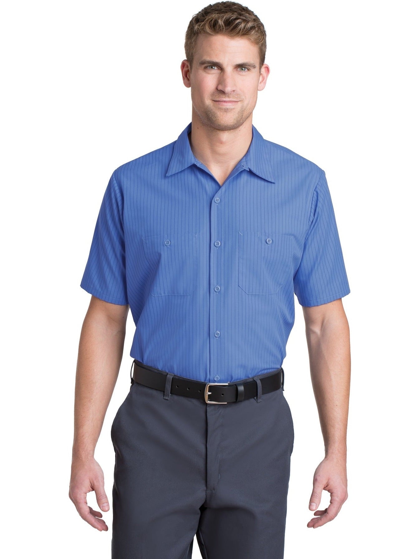 no-logo Red Kap Short Sleeve Striped Industrial Work Shirt-Regular-Red Kap-Petrol Blue/Navy-S-Thread Logic